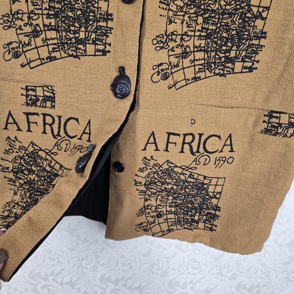VTG Ashro Africa Map Print Vest sz M Brown Black 100% Cotton Back Adj Belt - Picture 5 of 15